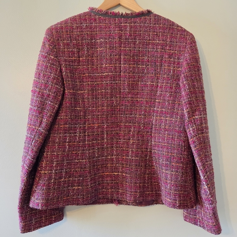 Lafayette 148 Blazer Women's Tweed Wool Collarless Fringe Trim Colorful Size 10 - Picture 12 of 16